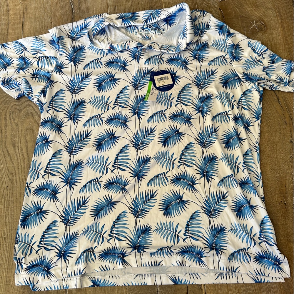 Tailor Byrd Blue and White Leaf Print Polo Shirt